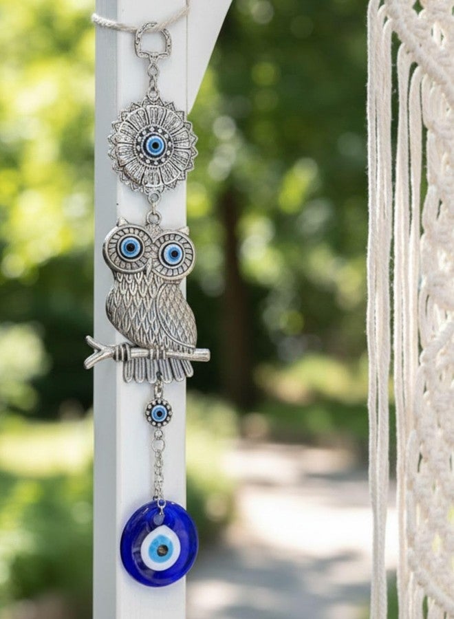 BLUE BEADS خرز أزرق معدني لتزيين المنزل، يُعلق على الحائط أو السيارة، مزين بزينة بومة الحظ وعين زرقاء، تميمة معلقة لجلب الحظ والحماية والبركة للسيارة والمنزل والمكتب. - Image 4